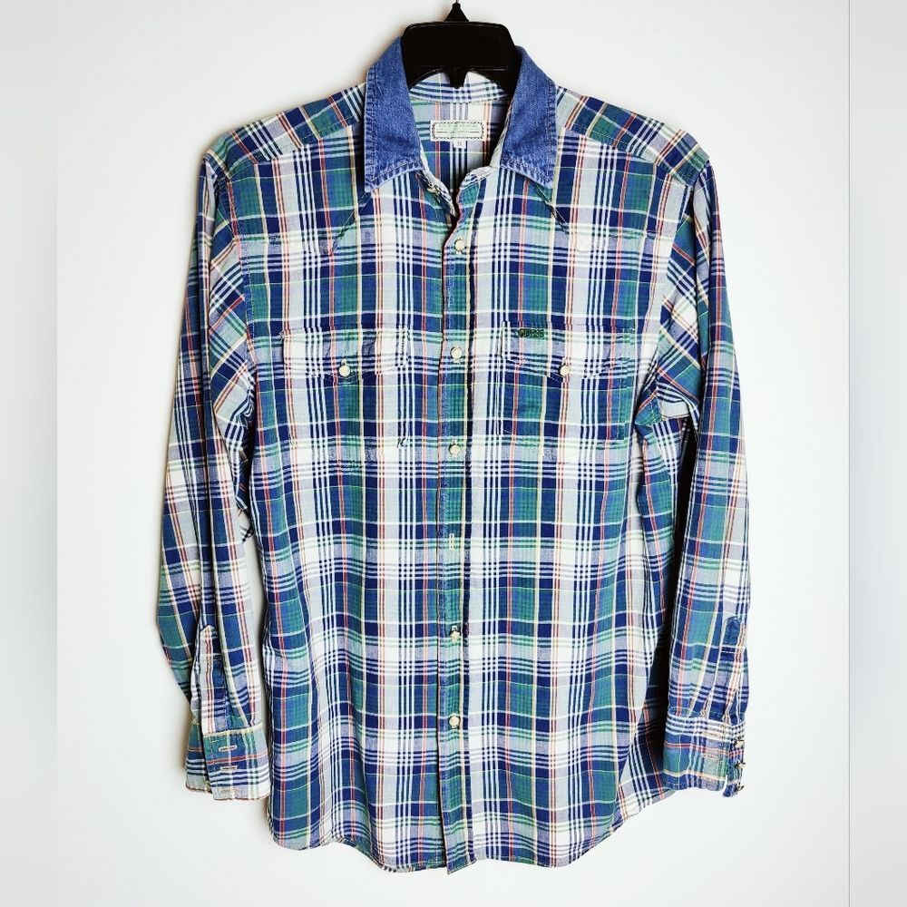 Men's VTG 90s Guess Flannel Plaid Denim Collar Button Down Shirt, Size S